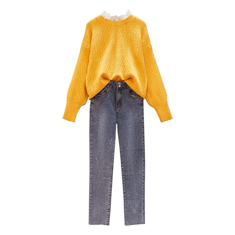 

Western Style Fashion Sweater Jeans Pants Suit New Two-Piece Outfit Loose Pullover Top Denim Trousers Student Leisure Set, White blouse
