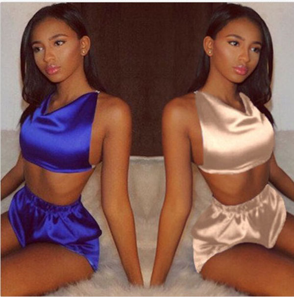 

Sexy Lingerie Clothes Set Women Silk Robe Camis Crop Top Shorts 2Pcs Babydoll Nightwear Blue champagne Sleepwear Pajama Set