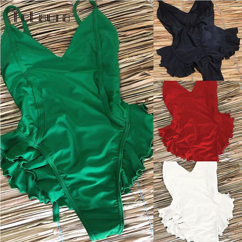 

2021 Sexy One Piece Swimsuit Women Swimwear Push Up Monokini Ruffle Solid Swimsuit Bathing Suit Women Swimming Suit for, Green