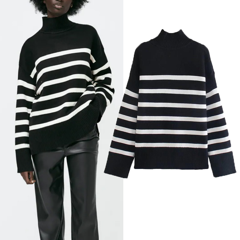 

Za Fashion elegant high ne loose striped bla women Sweater pullover 2021 Autumn new Sweater street chic youth women Sweater, Default color