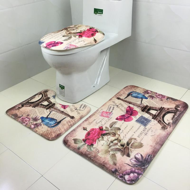

A 3pcs/set Europe Style Toilet Carpet Rose Tower Printing Bathroom Mat Bathroom Set Household Accessories Houseware