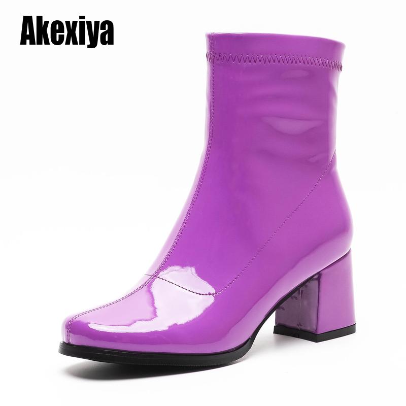 

The New superfine fiber Ankle Boots Women fashion Autumn Square High Heel Zipper Boots Round Toe Woman Shoes Black u539
