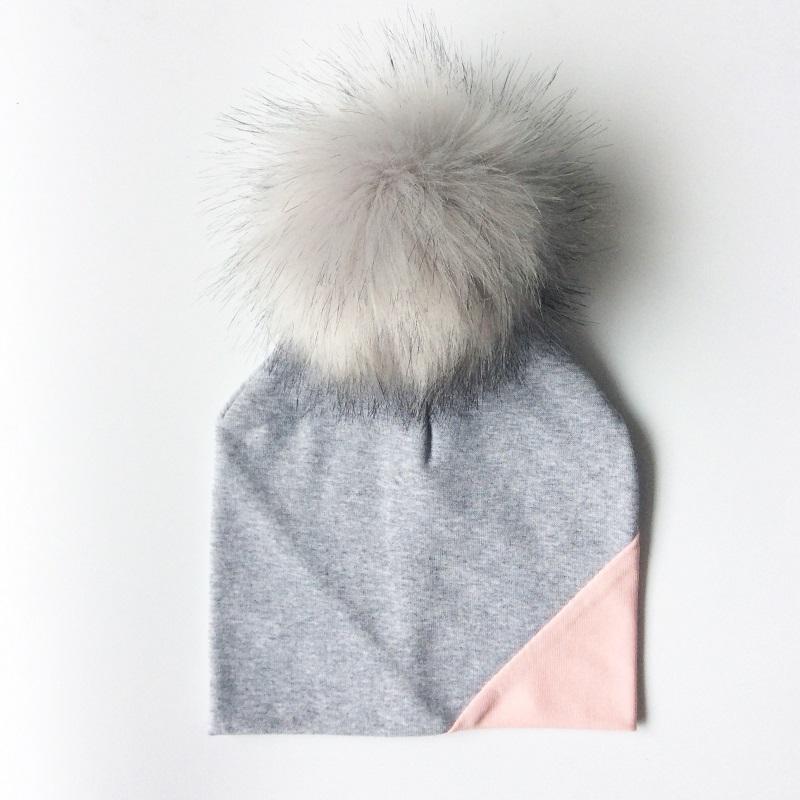 

Kids Pompom Hat Cotton Patchwork Children's Hats Caps Baby Beanies Winter Baby Hat Cap Bonnect1, Rose and grey