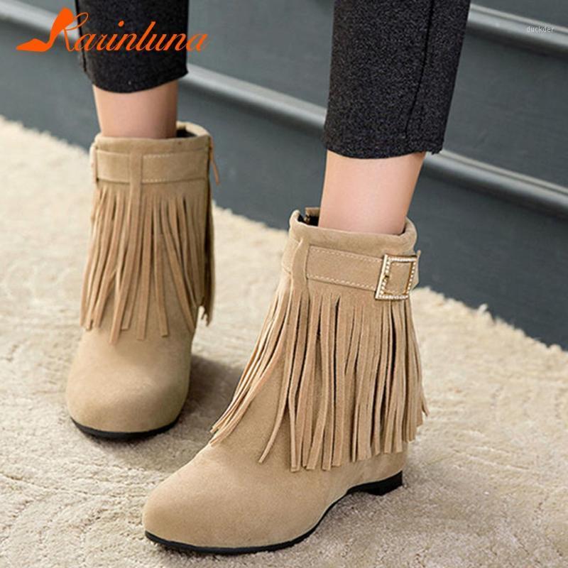 

Plus Size 33-45 Leisure Shoes Women 2021 New Arrivals Round Toe Flat With Buckle Straps Fringe Ankel Boots Zip Up Flock1, Beige