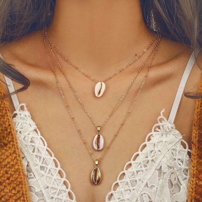 

Women Lady Necklace Chain 3 Layers Bohemia Style Shell Pendant Jewelry Decoration LXH