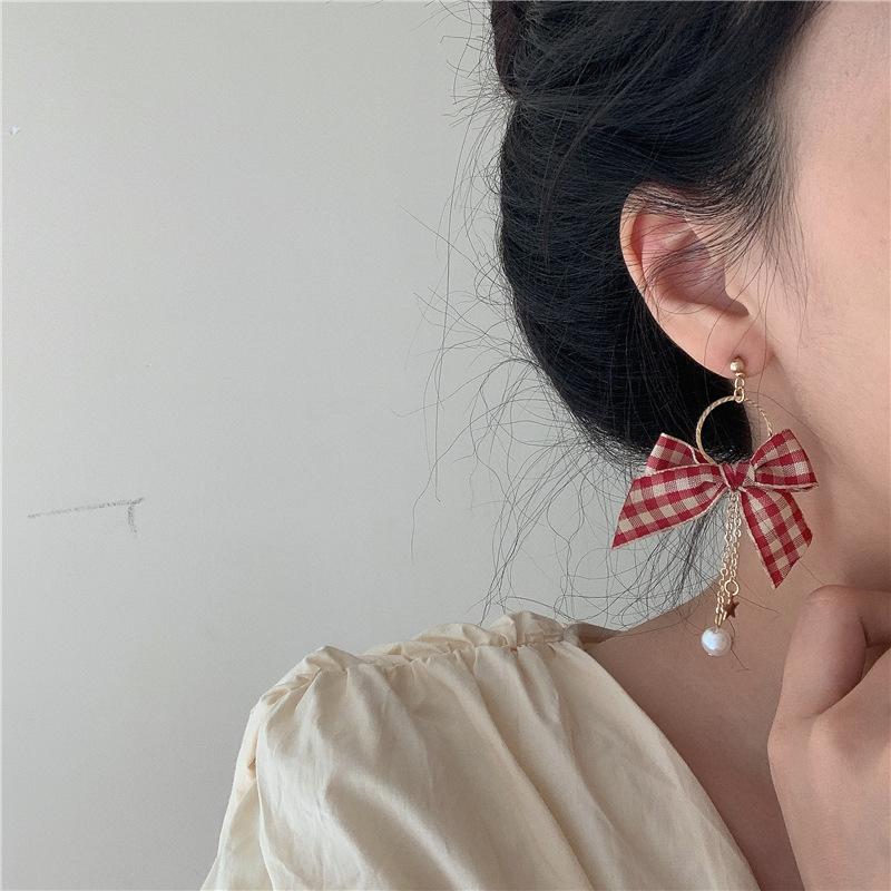 

TIMEONLY beautiful cloth bowknot Dangle earring star Simulation pearl chain charm earring for women Girl sweet gifts jewelleryy