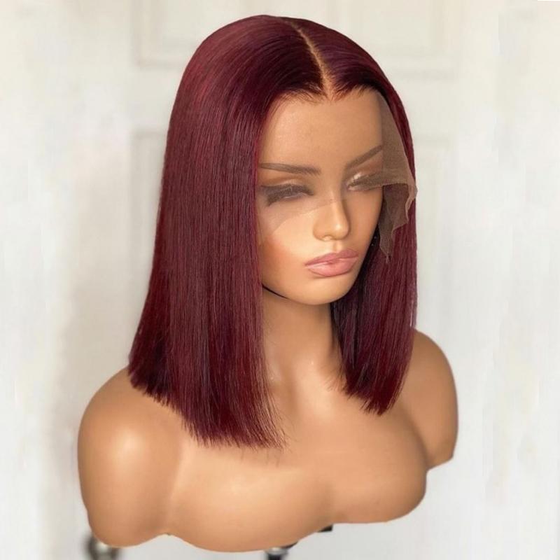 

Pre-Pulled Glue Free 1 50 Density Burgundy 14" Short Bob Synthetic Lace Front Wig for Women with Baby Hair Silky Straight Heat Resistant Fiber