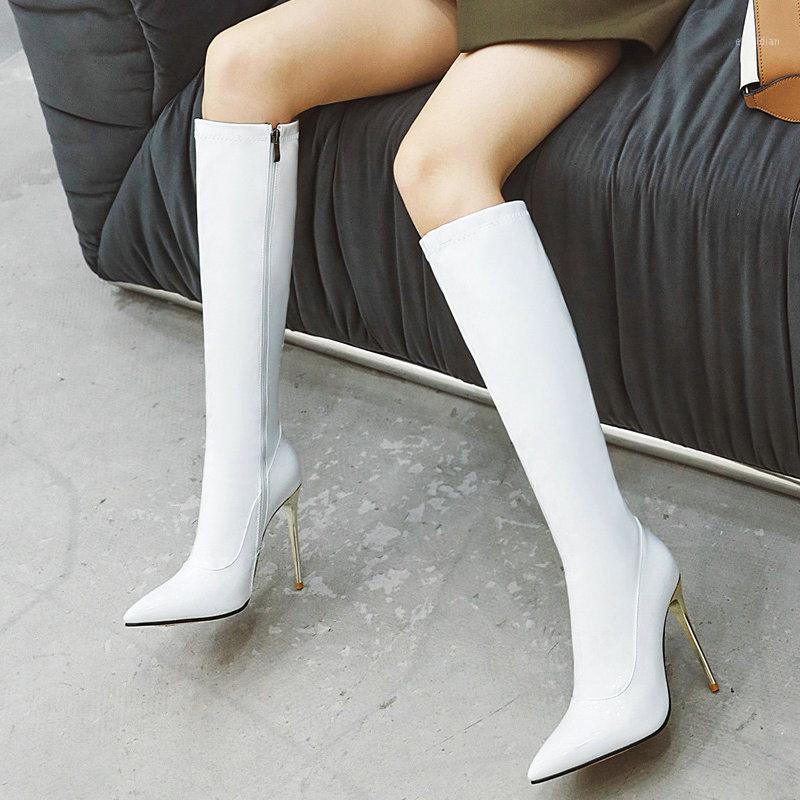 

2020 Autumn Women Boots Super High Heel Knee High Boots Fashion Patent Leather Long Pointed Toe Zipper Winter Woman1, Red winter