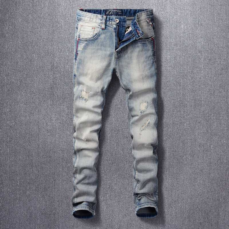 

2021 New Italian Style Fashion Men Jeans Retro Light Blue Elastic Slim Ripped Denim Trousers High Quality Vintage Designer Cotton Pants Cij5