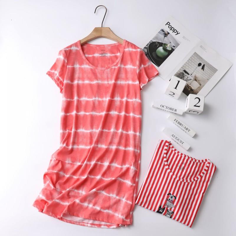 

2020 Summer Female Casual Loosen Stiped nighty dress Ladies 100% Cotton Nightgown Women Short Sleeve Round collar sleepshirt