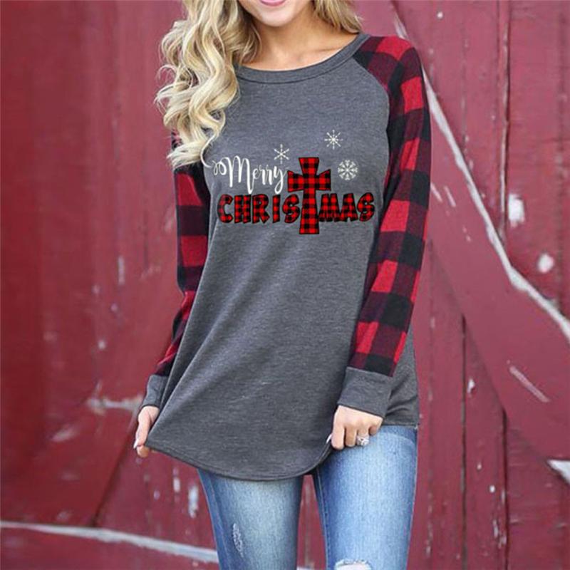 

Merry Christmas Snow Printed Plaid T Shirt Women Casual Loose Splicing Loose Raglan Long Sleeve Tees Tops Ropa De Frio De Mujer, As pic