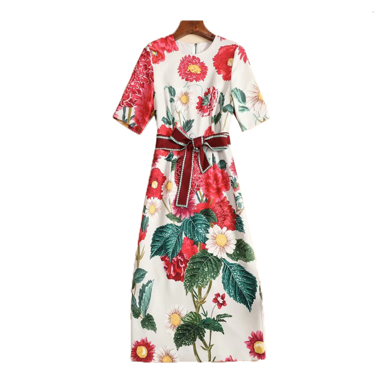 

2021 New Autumn Style Printing Belt Vintage Fit Elegant Temperament Fine Fitting Sleeve Short Dress High Quality 45kt, Multiple