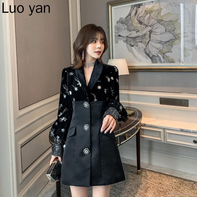 

Luxury Handmade Embroidery Women Dress Elegant Patchwork Sequined Party Dress V Neck Long Sleeve Autumn High Waist Ladies, Black