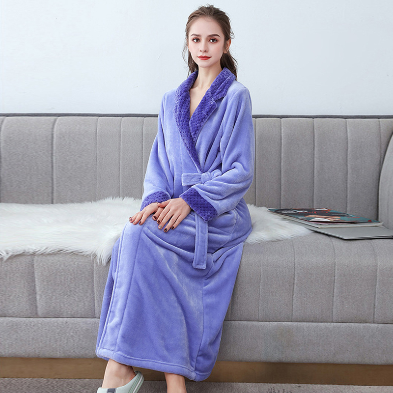 

2021 New Female Autumn Long Flannel Nightgown Plus Solid Size Thick Bathrobes v Neck Loose with Women's Pajama Bands Tmiz, Blue