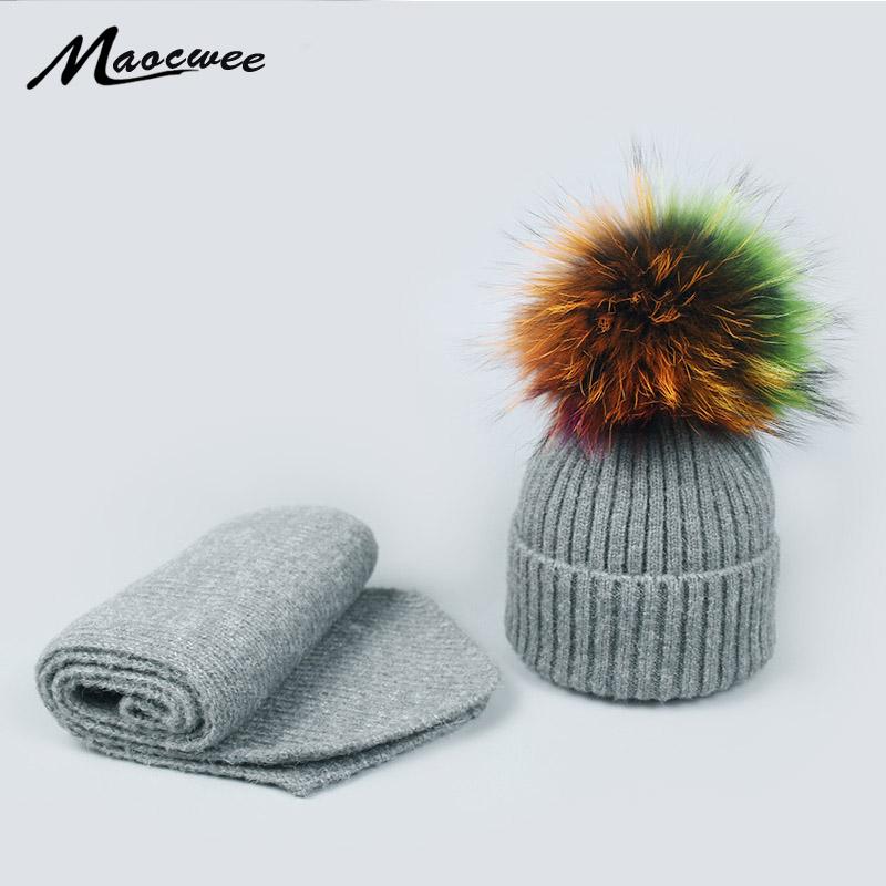 

Winter Knitted Wool Hats Scarf for Women Colorful Pompon Beanies Fur Hat Female Warm Caps With Natural Genuine Raccoon Fur Cap, Q-scarf
