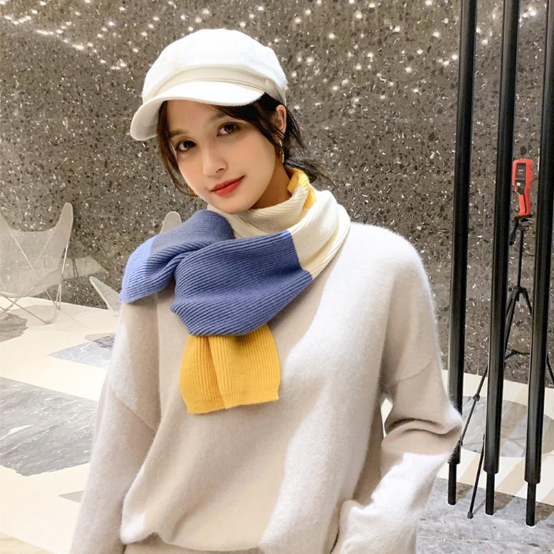 

Women High Quality Autumn Winter Warm Soft Thick Long Narrow Small Contrast Three Color Patchwork Knitted Scarf Neckerchief