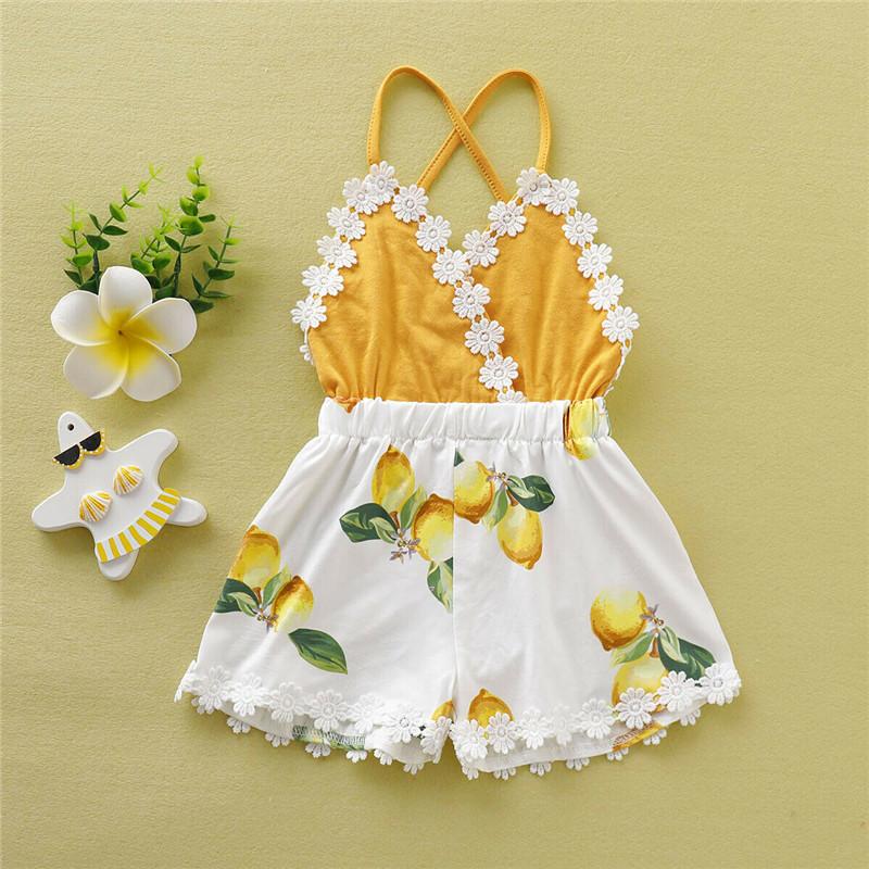 

Kids Baby Girl Lemon Romper 2020 Beach Style Baby Girl Backless Slip Jumpsuit Summer Sleeveless Lace V-Neck Sling Playsuit 0-4Y, Yellow