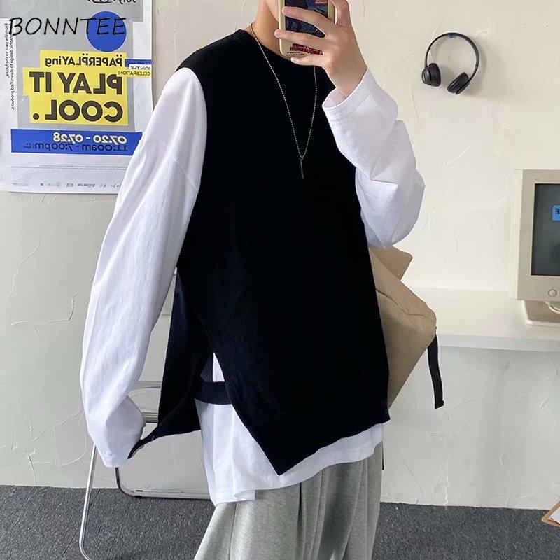 

Sweater Vest Men Side-slit O-neck Plus Size 3XL Loose Vintage Ripped Stylish Korean-style Leisure Knitted Vests Autumn New Chic, Black