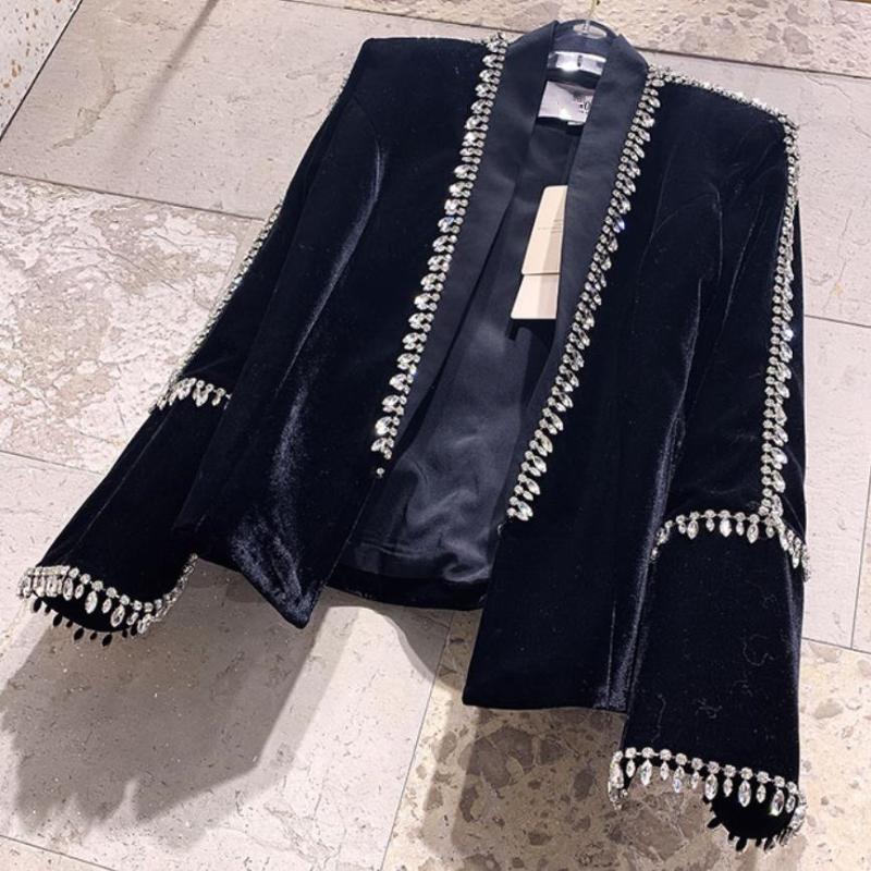 

Autumn New Fashion diamond velvet blazer Women Lady Beaded Gold Velvet Slim-Fit Long Sleeve Blazers Office Wear, Black
