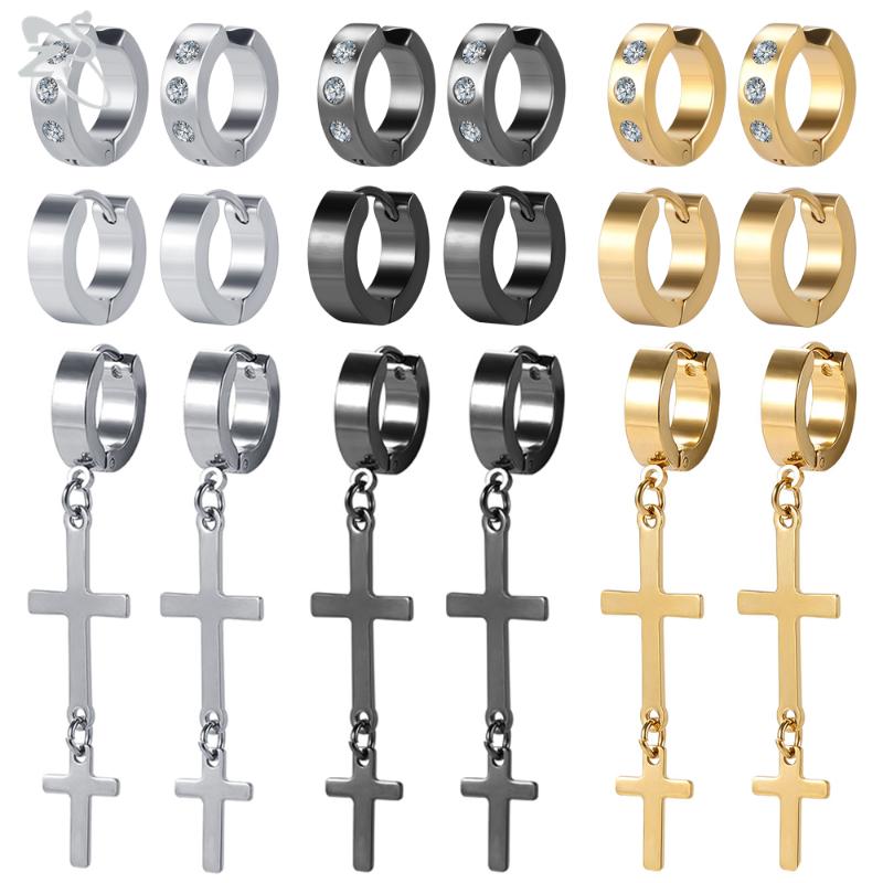 

ZS 3 pairs/lot Cross Pendant Stainless Steel Earring Set Simple CZ Crystal Round Ear Clips Hip Hop Rock Biker 3 Color Earrings