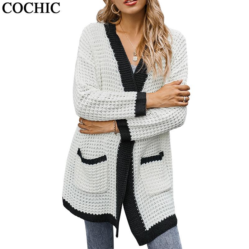 

Contrast Color Warm Knit Sweater Long Cardigan Women Autumn Spring Pocket Fashion Chic Casual Long Coat, Black