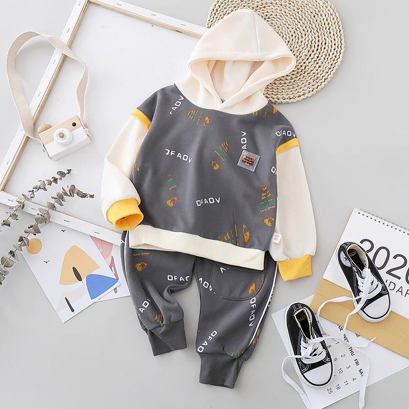 

Children's Clothing 2021 New Baby Boys Clothes Fashion Cartoon Boys Hooded Sweater Long-sleeve Trousers Two-piece Sets 1-5 Years, Gray