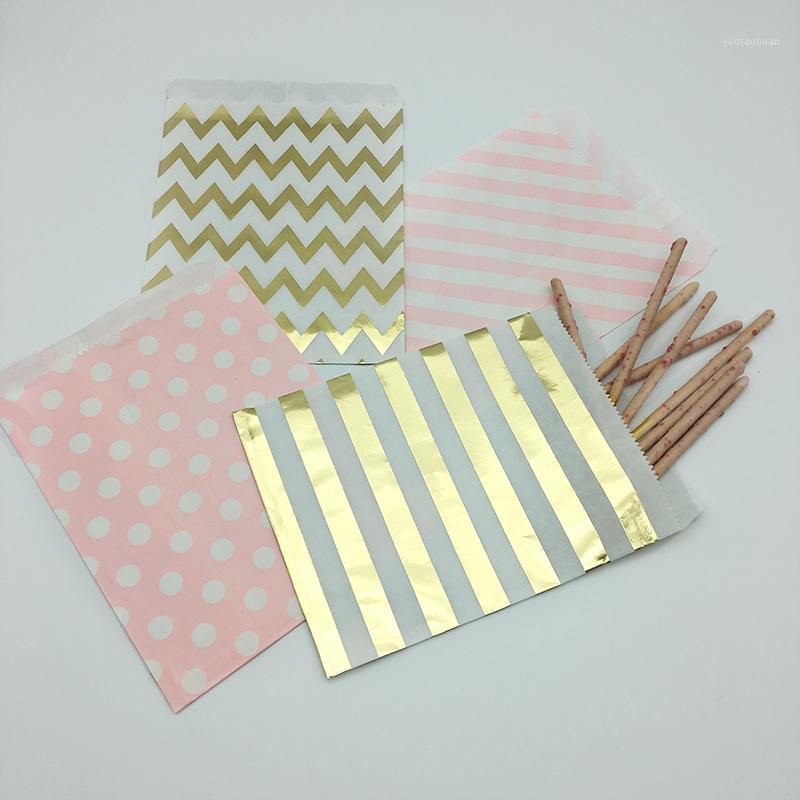 

100pcs Assorted Pink Gold Metallic Paper Bags 5 x 7.5 Inch Flat Paper Bags Stripe/Polka Dots/Chevron Birthday Party Treat1