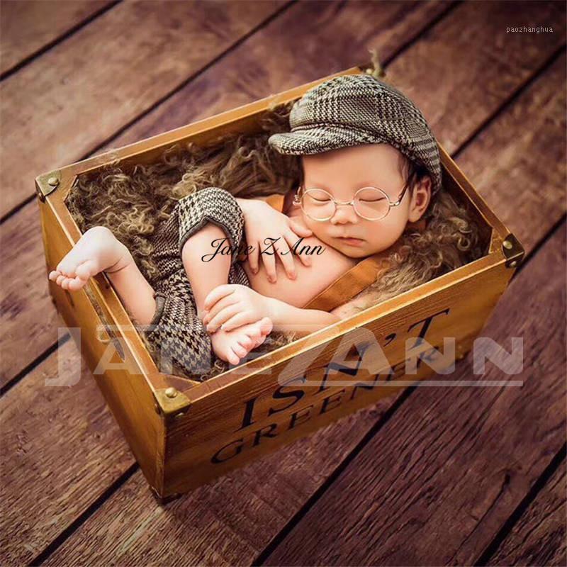 

Jane Z Ann Newborn photography clothing props studio pictures taking gentlemen gray brown plaid outfits with hat1, Newborn glasses