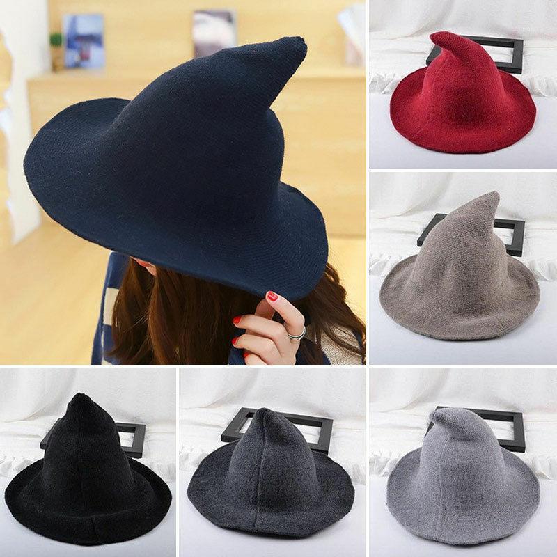 

2020 Hot Women Modern Witch Hat Foldable Costume Sharp Pointed Wool Felt Halloween Party Hats Witch Hat Warm Autumn Winter Cap1, Black