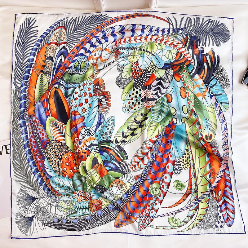 

2021 Boho Peacock Feather Print Muslim Head Hijab Scarf Women Silk Square Bandana Foulard Femme Luxury Bufanda Mujer NEW SFN949