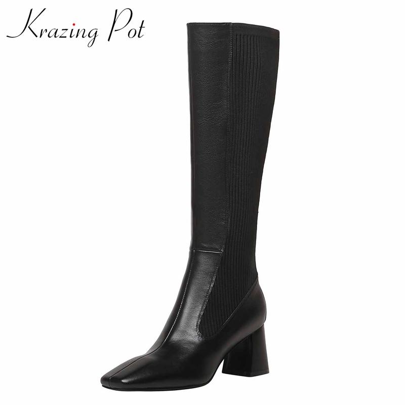 

Krazing Pot stretch boots natural leather knitting patchwork korean stree square toe thick hig heel slip on knee-high boots L9f5, Beige