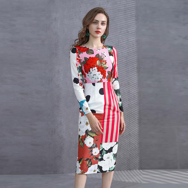 

Early Spring Runway 2021 Long Sleeve Dots Flowers Strips Patchwork Print Dress without a belt 201016LU07, As pic