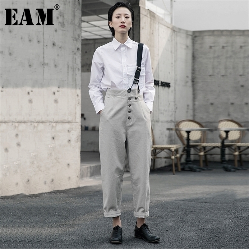 

[EAM] High Waist Geay Button Split Joint Leisure Trousers Overalls New Loose Fit Pants Women Fashion Spring Autumn 1R5860 201228, Gray