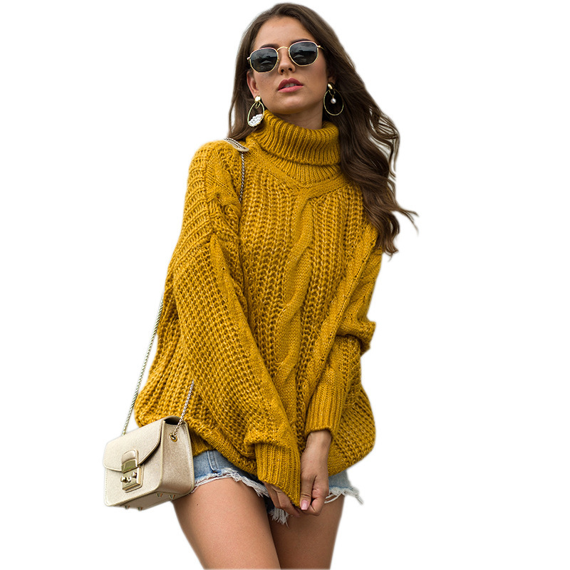 

2021 New Autumn and winter new college style women's knitted thick line of linen blue turtleneck high female sweater h00162, Yellow.