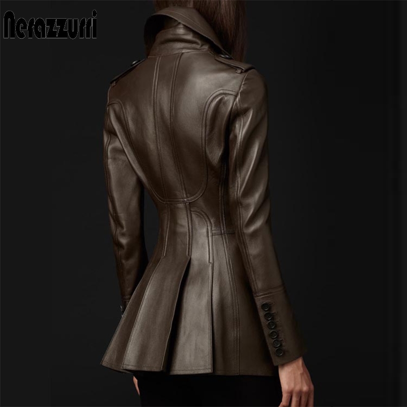 

Nerazzurri British style leather trench coat for women long sleeve lapel Womens fashion Slim fit soft faux leather blazer 210201, Black