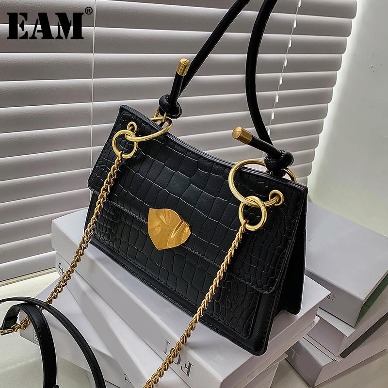 

[EAM] Women New Vintage Crocodile Pattern PU Leather Flap Personality All-match Crossbody Shoulder Bag Fashion Tide 2021 18A1350, Black