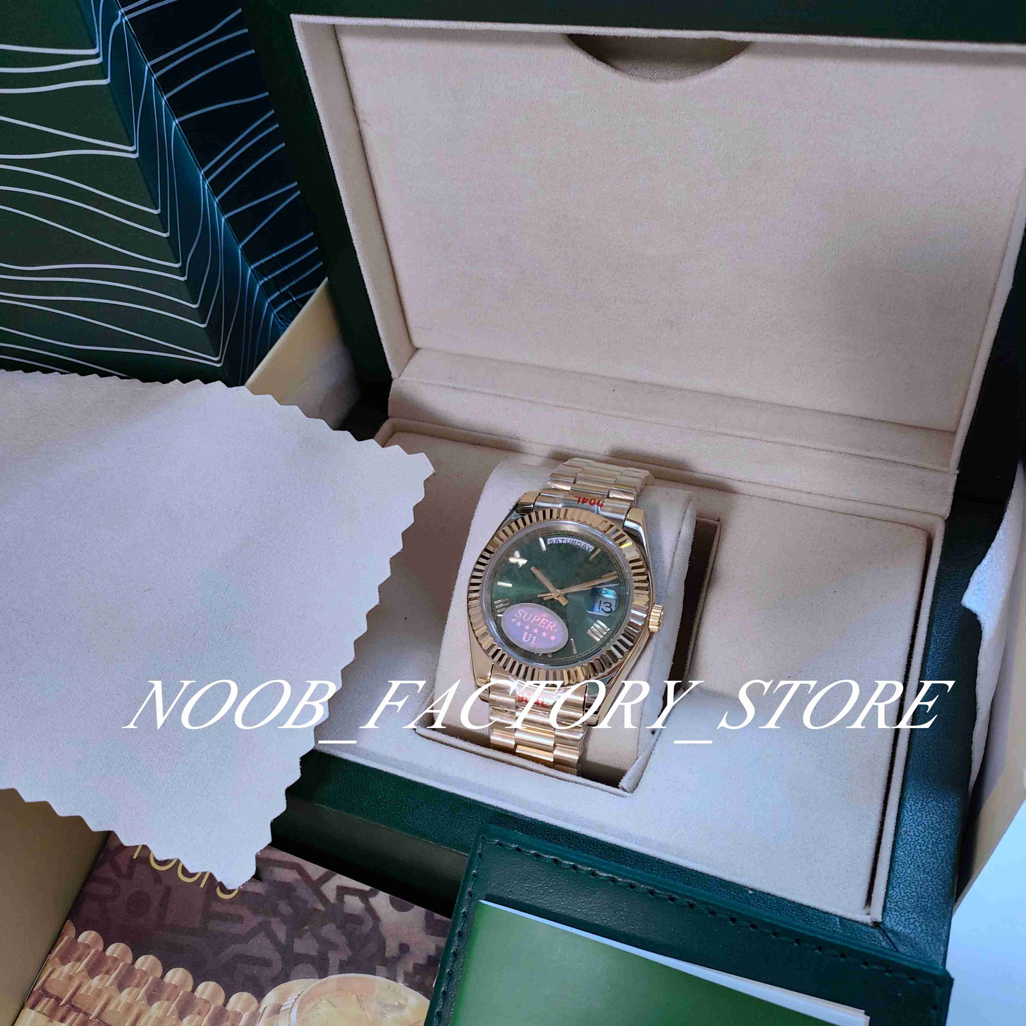 

Super U1 Factory Version Watch Automatic Movement New strap Yellow Gold 904L Steel Wristwatch 41mm Green Rome Dial Sapphire Glass Men Watches Original Box, Original box certificate