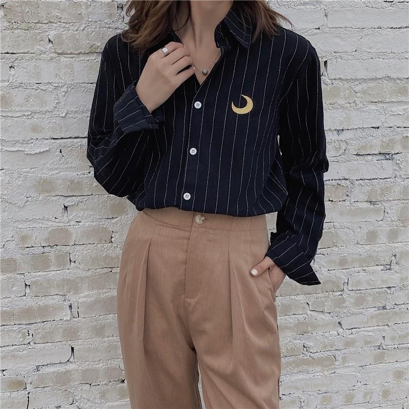 

Chic Simple Embroidered Striped Ins Long Sleeve Harajuku Women Shirt 2020 Autumn Korean New Arrival Vogue Female Blouse, Black