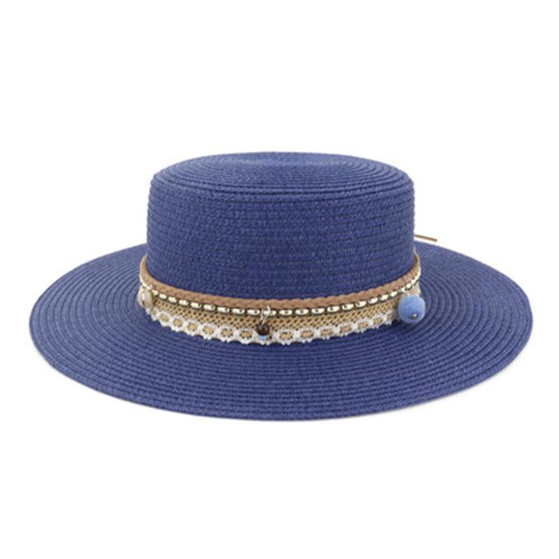 

straw hats flat top wide birm band chain belt casual vintage women hats sun protective outdoor women beach fascinator sun, White