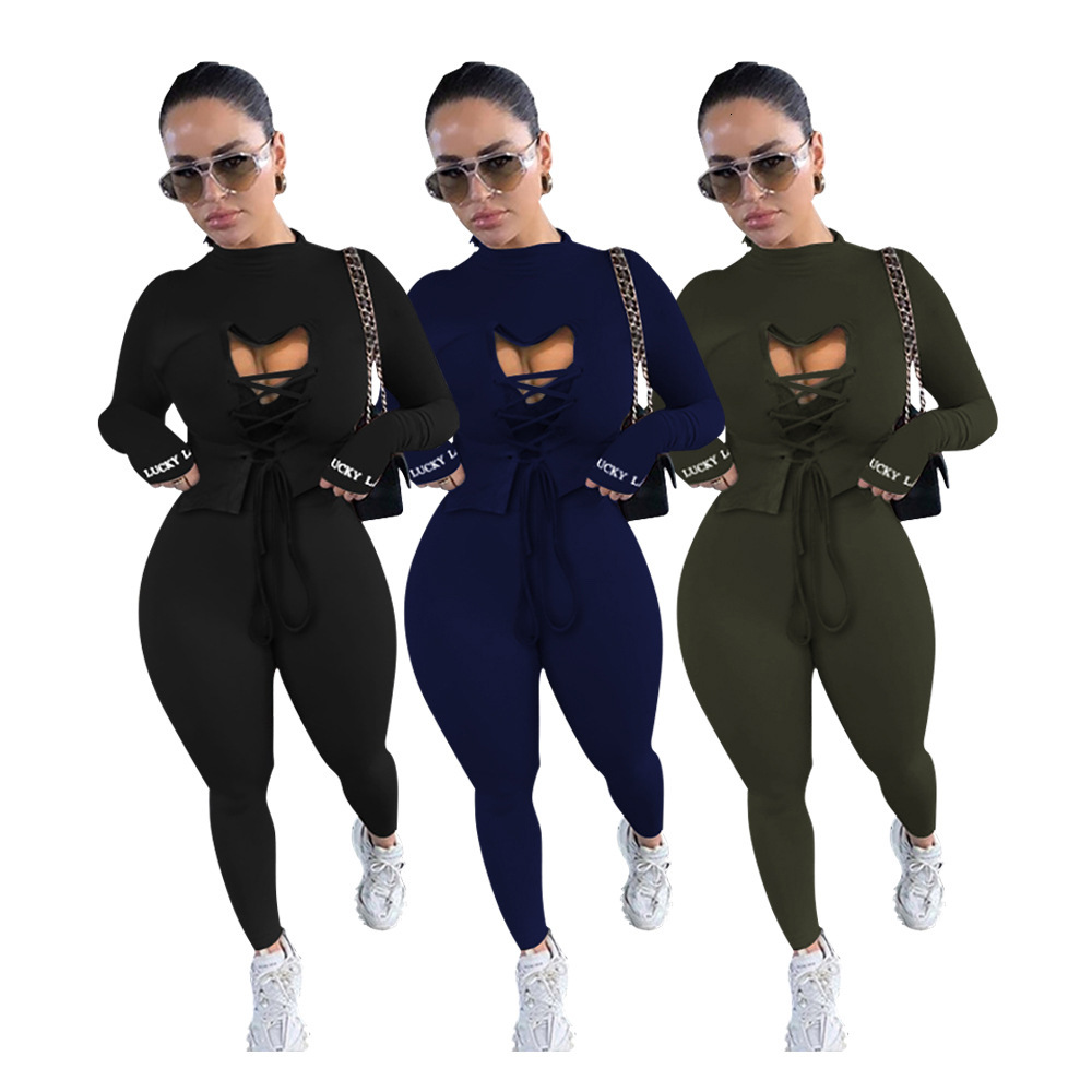 

2021 New Letter Embroidery Lucky Label Solid Color Criss-cross Long Sleeves Tops & Spaghetti Strap Jumpsuit Women Suit Sexy 2 Piece Set 78ix, Army green