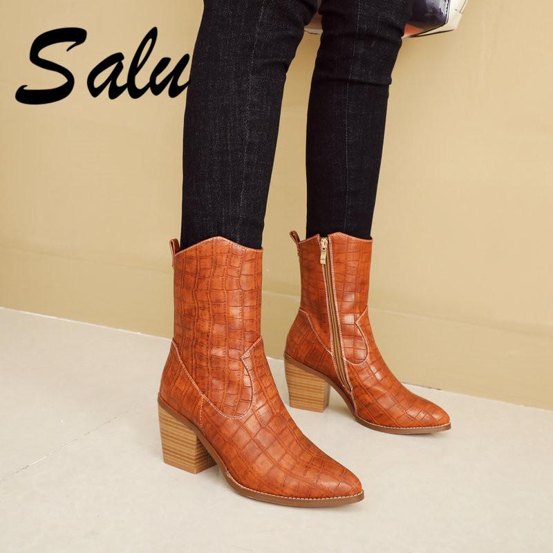 

Salu New Sexy Women High Heels mid -calf Boots Pointed Toe Party Shoes Woman Ladies Micorfiber Leather Prom SIZE 42 43 44, Black