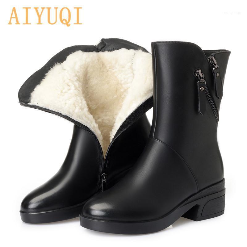 

AIYUQI Women Winter Boots Genuine Leather Large Size Mid-Calf boots Women Wool Warm Shoes Snow For1, Black fluff