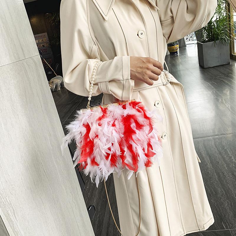 

Luxury Leather Women Handbag Pearl Chain Turkey Feathers Shoulder Bag Ladies Day Clutch Party Evening Bags Chain Crossbody Bags, Pink