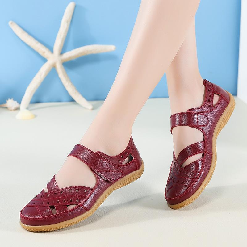 

New Genuine Leather Women's Summer Sandals Cut-Outs Woman Flats Shoes Breathable Female Beach Loafers Soft Mother Shoe, White