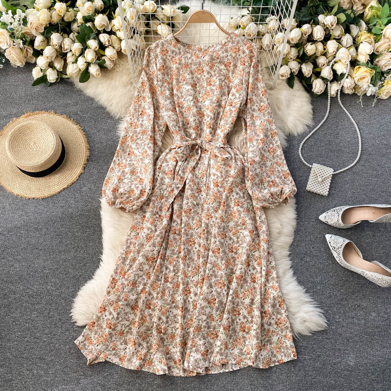 

2021 New Female singiny in floral autumn puff neck lace up to dressed retrobohemian line streetwear dress JHR5, Khaki.