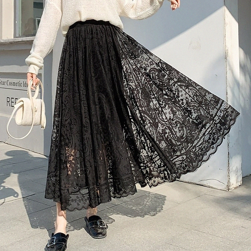 women's Fashion Long Skirts Casual / Daily Weekend Solid Colored Lace Black Beige One-Size q1is#-image-756073876