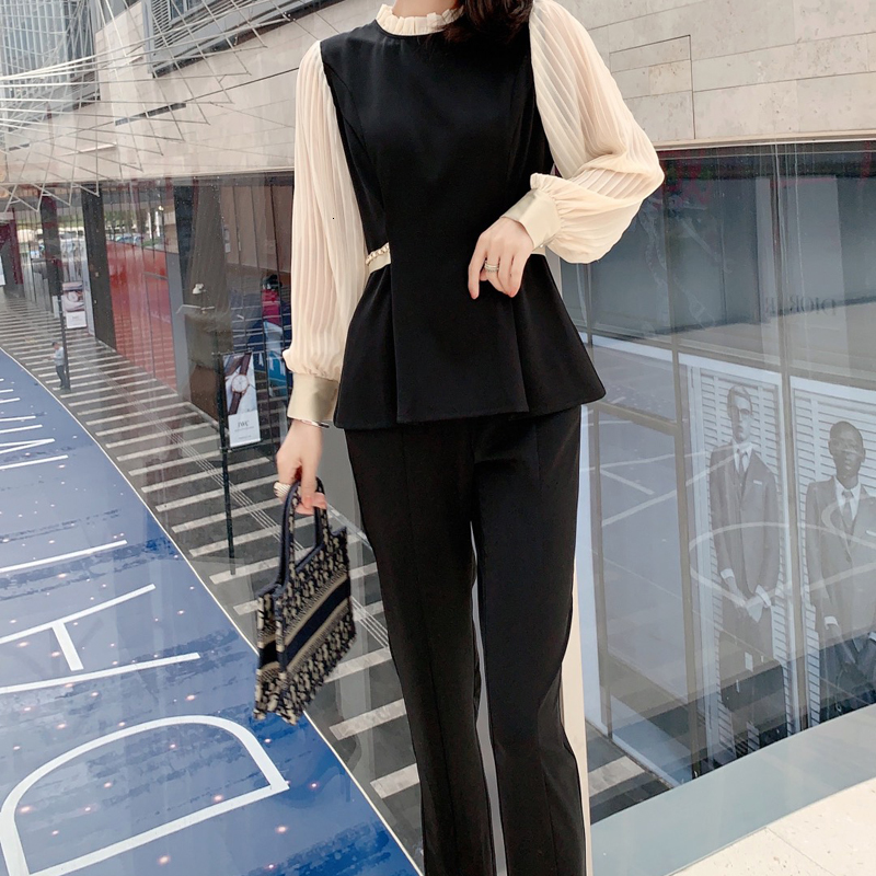 

2021 Spring New Style Plied Sleeve Long Curly Pocket Black Top Thin Temperament Women' High Quality Suit Pants Zd84