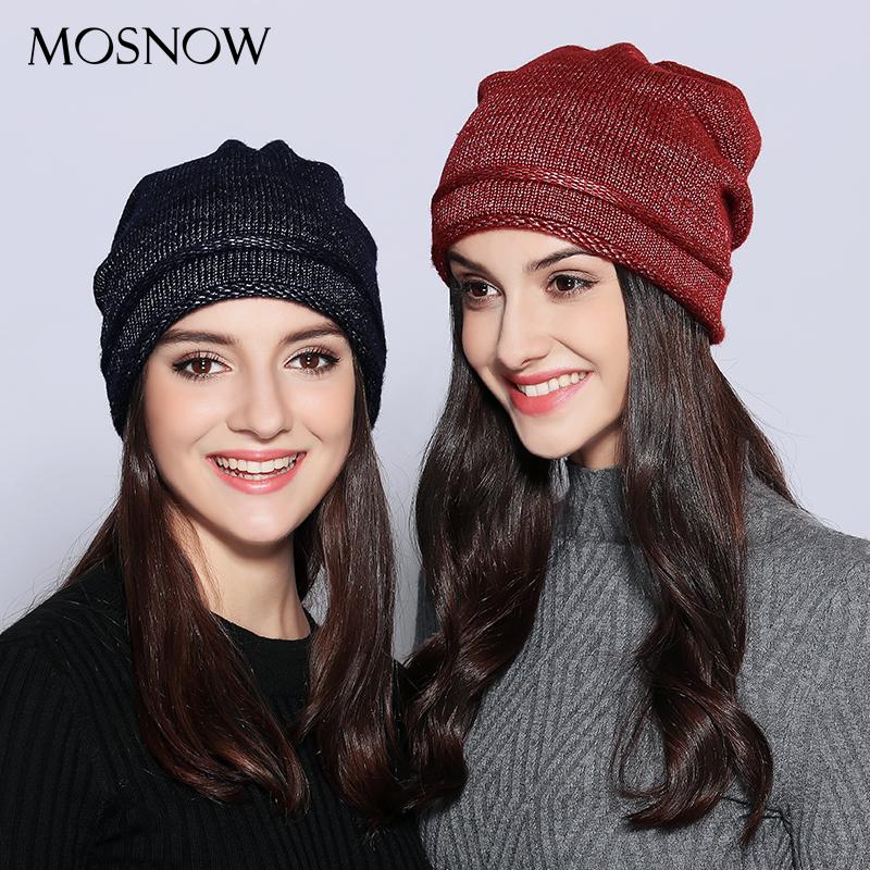 

MOSNOW Hats For Women Unique Design Wool Knitted 2020 Autumn Winter Brand New Shining Warm Hat Female Skullies Beanies #MZ703, Black