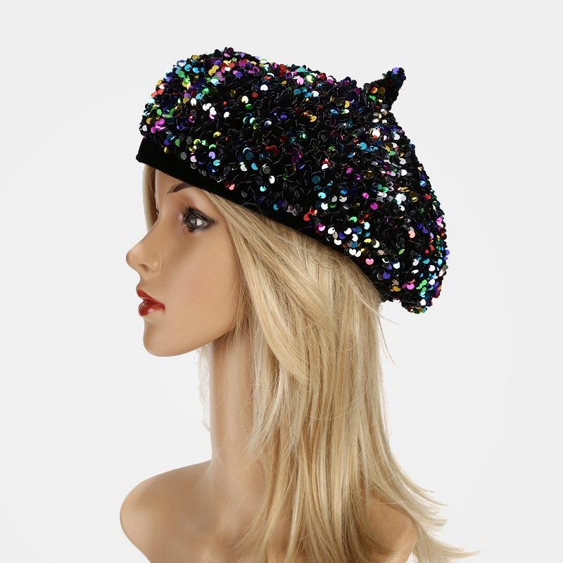 

Spring and Aut Popular Sequins Painter Hat Female Version Trendy Beret Autumn Winter British Retro Octagonal Hat Design Beret, White
