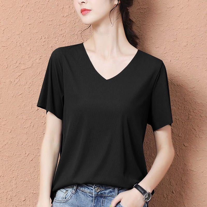 

Short Sleeve T-shirt Female 2020 New Style Solid Color Fashion V-neck T-shirt, Pink